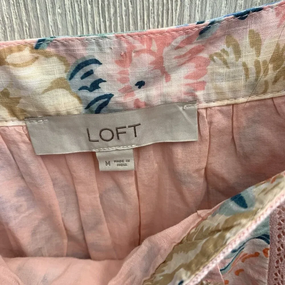 LOFT Garden Lacy Tiered Pink Square Neck Short Sleeve Top Size Medium